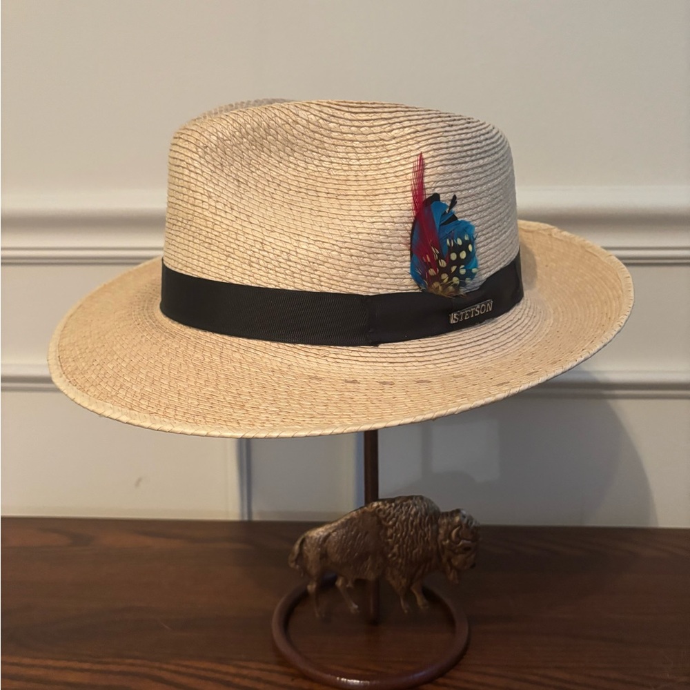 Stetson fedora Hat with Black Band and Colorful Feather